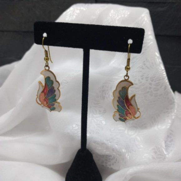 CLOISSONE BUTTERFLY WINGS EARRINGS FOR PIERCED EARS, DANGLE, BRIGHTLY COLOURED - Picture 3 of 6